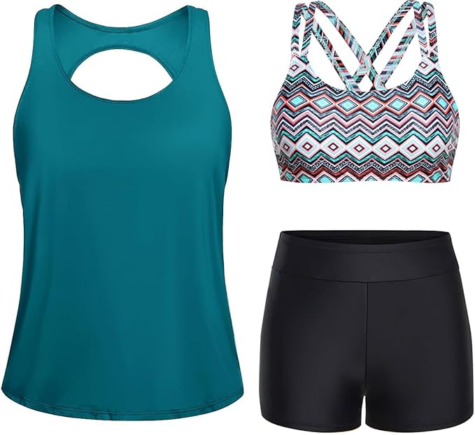 🔥BIG SALE, limited stock 🔥3 Piece Tankini Swimsuits for Women Bathing Suits with Boy Shorts and Swim Tank Top Bra Modest Swimwear