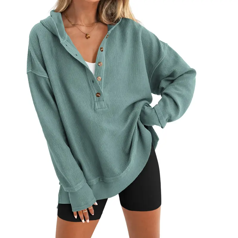 Women's Oversized V-Neck Button Sweatshirt