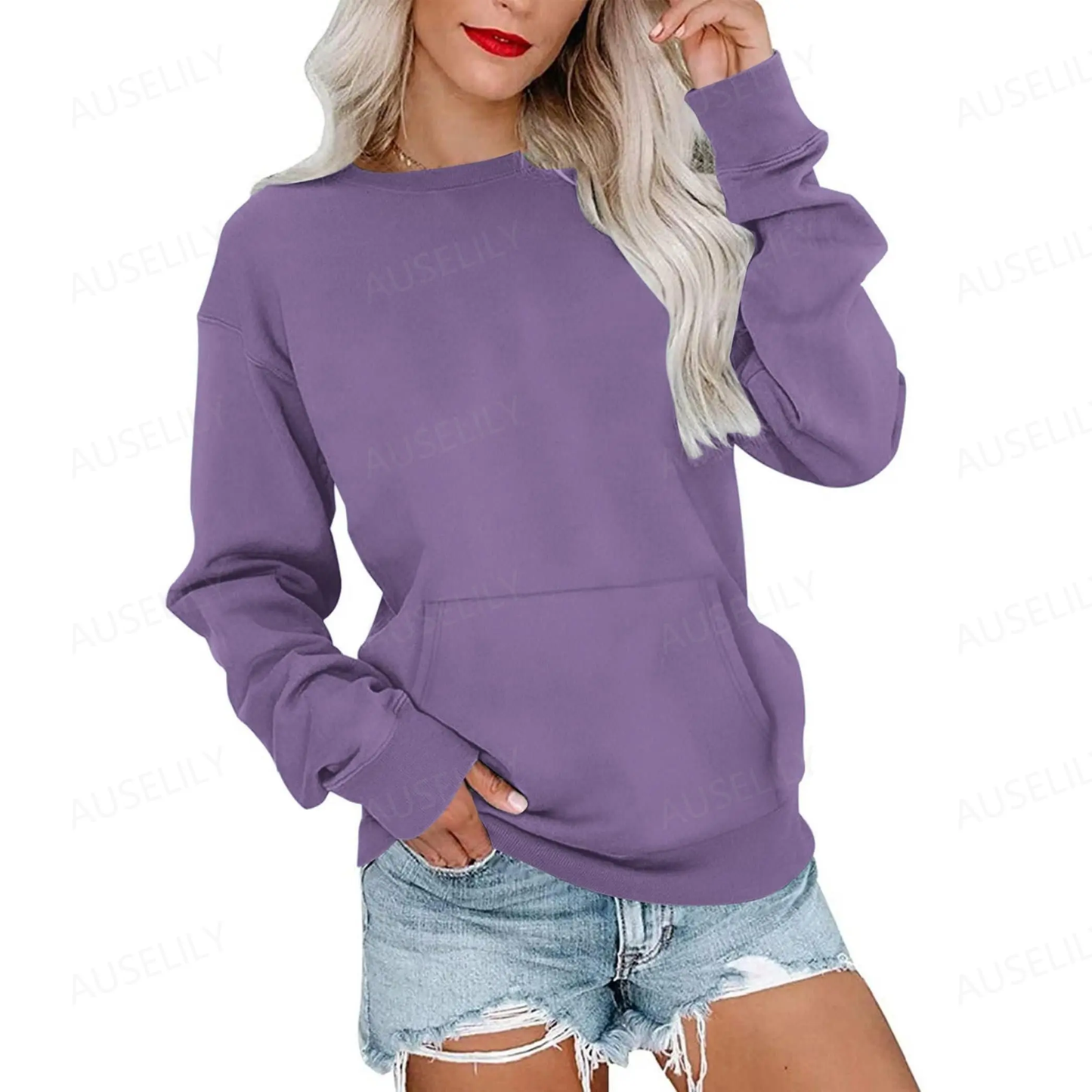Women's Oversized Crewneck Sweatshirt with Kangaroo Pocket