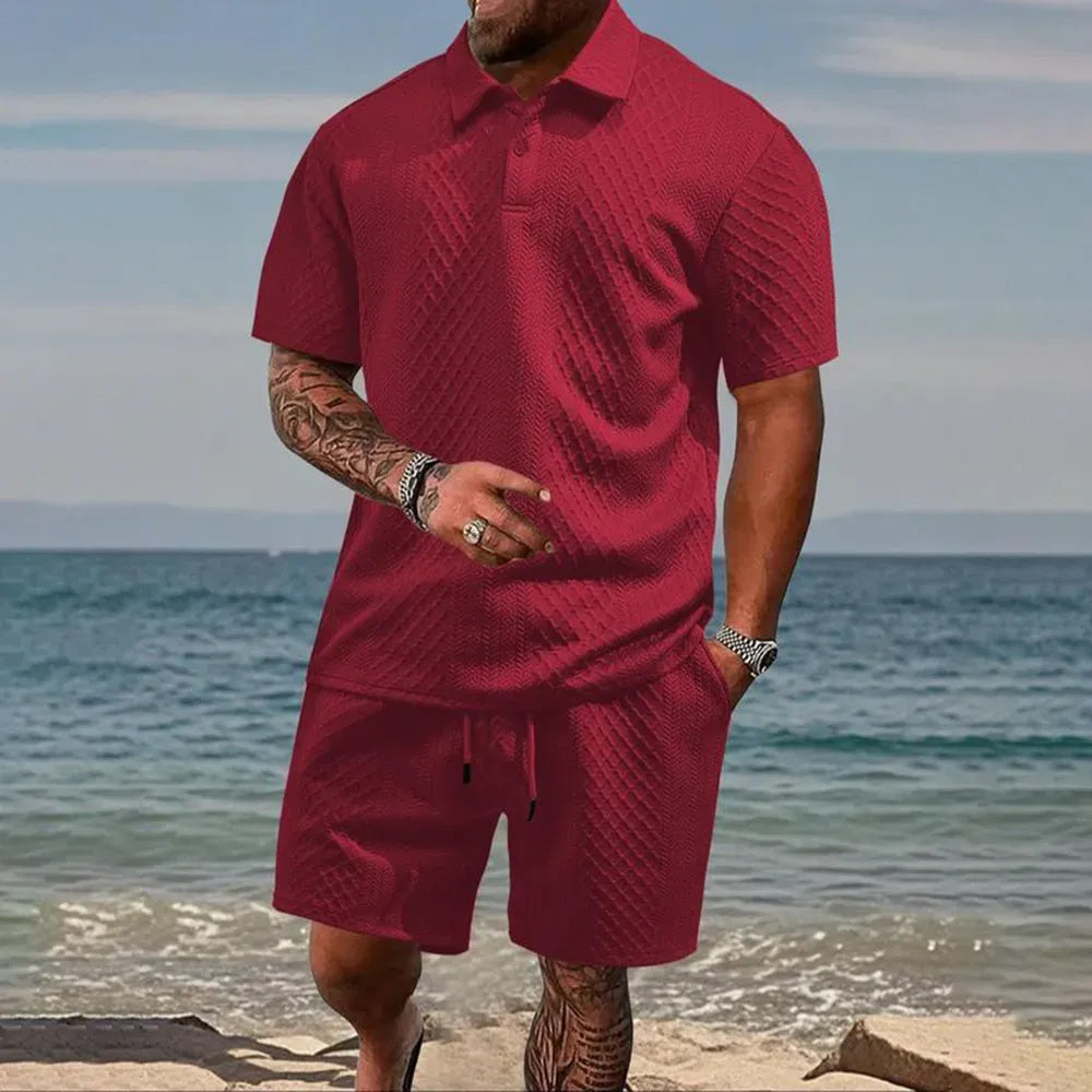 Men's Solid Polo Shirt & Drawstring Waist Shorts Set