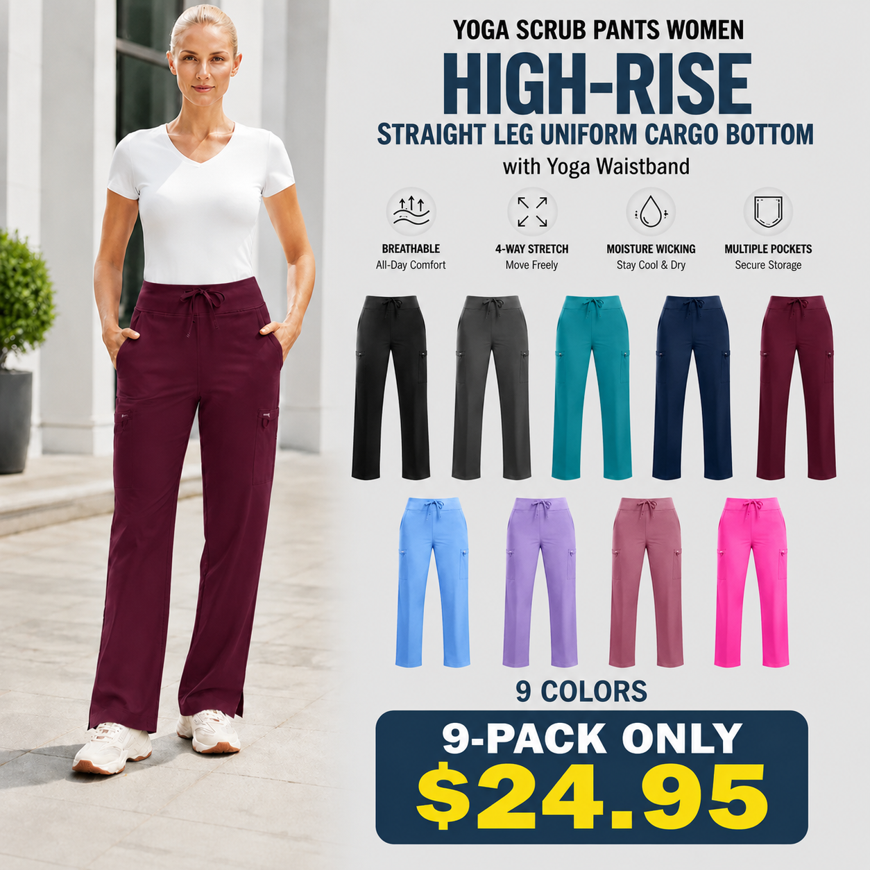 ❤️DEALS FOR YOU-Women's High-Rise Stretch Scrub Pants with Yoga Waistband, Side & Back Pockets