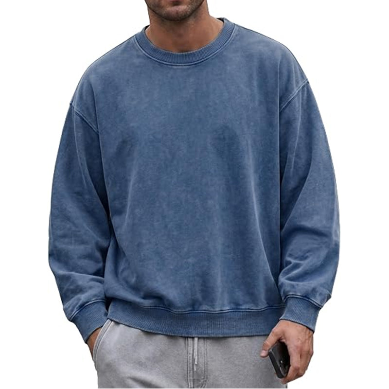 Men’s acid-wash distressed cotton long-sleeve crewneck sweatshirt T-shirts