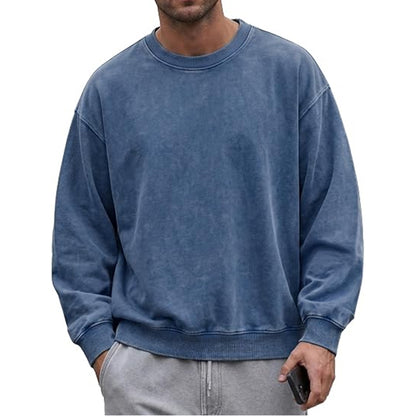 Men’s acid-wash distressed cotton long-sleeve crewneck sweatshirt T-shirts