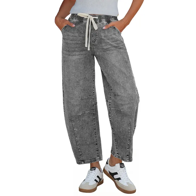 Women's High-Rise Barrel Jeans with Elastic Waist