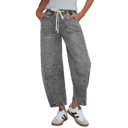 Women's High-Rise Barrel Jeans with Elastic Waist