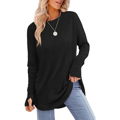 Women's Curved Hem Tunic Top with Thumb Holes