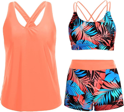 🔥BIG SALE, limited stock 🔥3 Piece Tankini Swimsuits for Women Bathing Suits with Boy Shorts and Swim Tank Top Bra Modest Swimwear