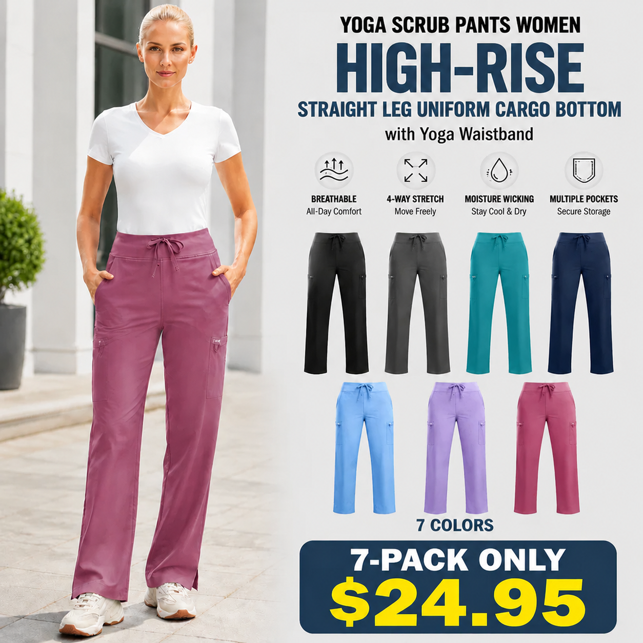 ❤️DEALS FOR YOU-Yoga Scrub Pants Women High-Rise Straight Leg Uniform Cargo Bottom with Yoga Waistband,5 Pockets&4-Way Stretch
