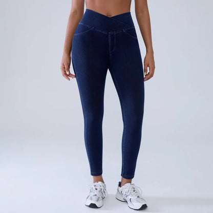 Women's High-Waisted Stretch Jeans with Crossover Design — Slim-Fit Flared Denim Leggings