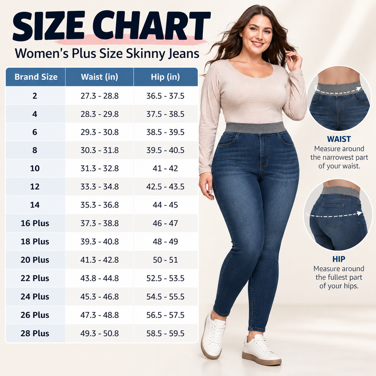 Women's Plus Size Dark Wash Skinny Jeans, Pull-On Stretch Denim With Pockets