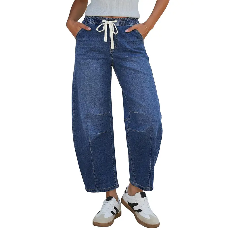 Women's High-Rise Barrel Jeans with Elastic Waist