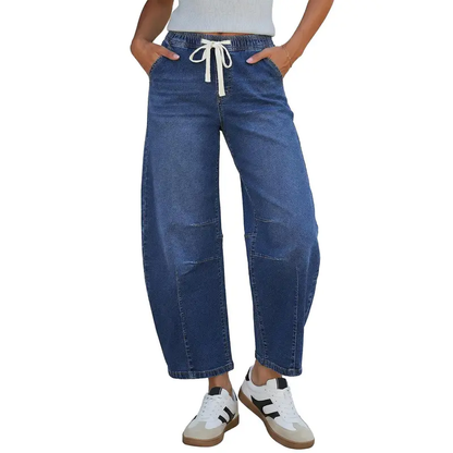 Women's High-Rise Barrel Jeans with Elastic Waist