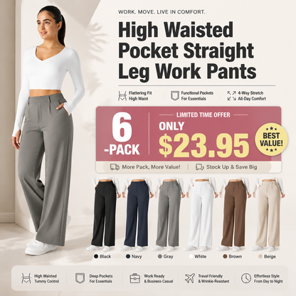 High Waisted Pocket Straight Leg Work Pants-Hidden Back Pockets