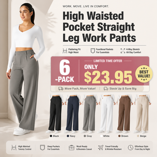 High Waisted Pocket Straight Leg Work Pants-Hidden Back Pockets