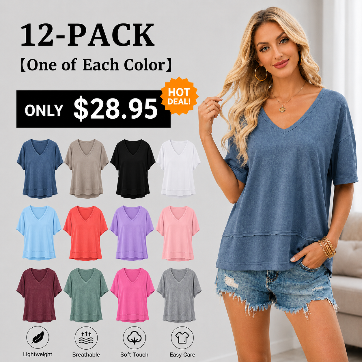 Women's V-neck Mid-length Sleeve Spliced Hem Basic Top