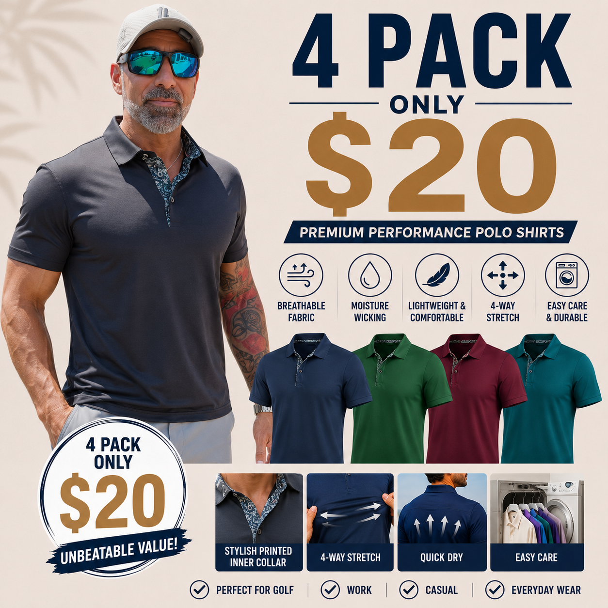 Men's Polo Shirts (Multi-Pack) — Soft, Breathable Pure Cotton Material; Comfortable, Short-Sleeve Casual Fit