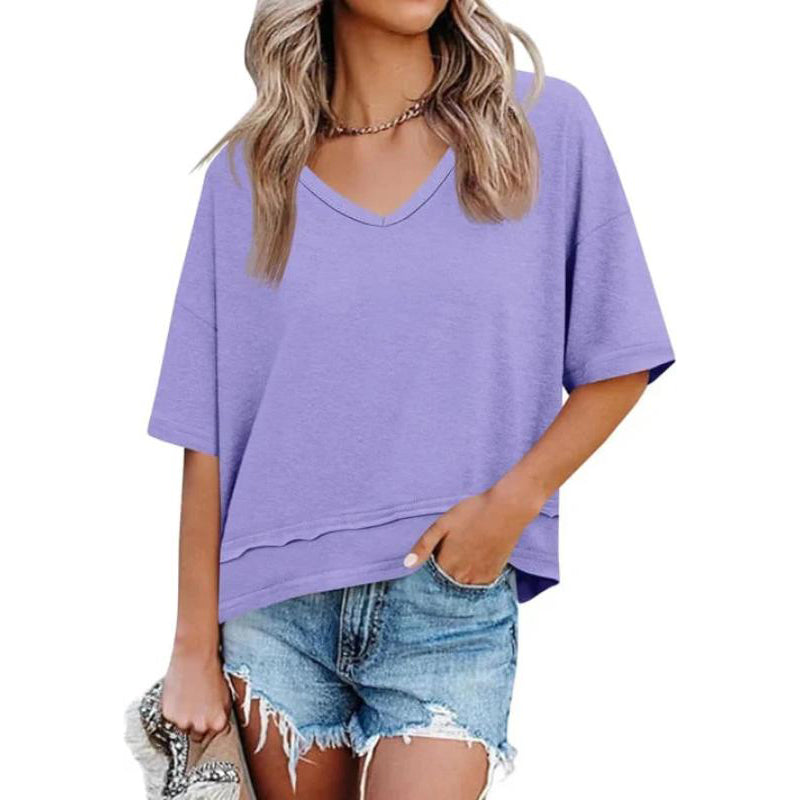 Women's V-neck Mid-length Sleeve Spliced Hem Basic Top