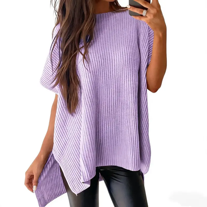 Women's Oversized Puff Sleeve Knit Pullover Round Neck Side Slit Casual