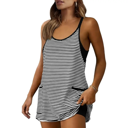 Women's Summer Athletic Mini Dress with Built-in Shorts – Sleeveless V-Neck Striped Casual Dress for Gym, Beach & Everyday Wear