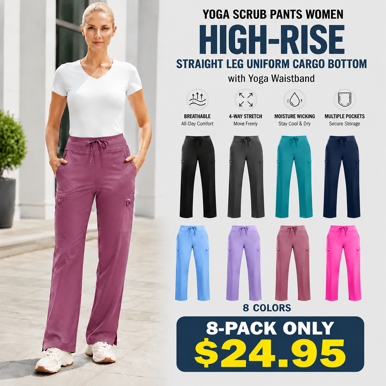 ❤️DEALS FOR YOU-Women's High-Rise Stretch Scrub Pants with Yoga Waistband, Side & Back Pockets