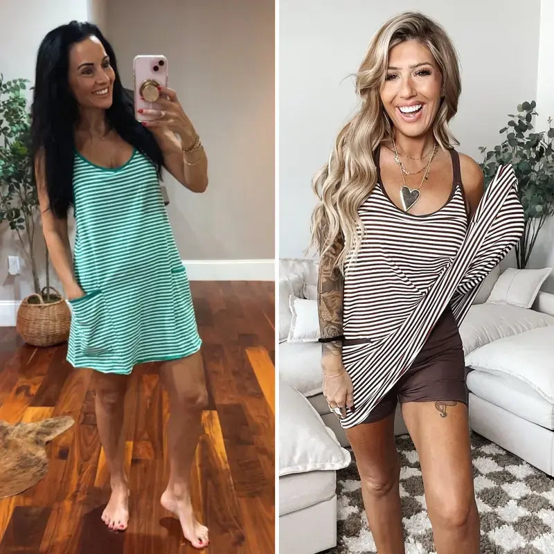 Women's Summer Athletic Mini Dress with Built-in Shorts – Sleeveless V-Neck Striped Casual Dress for Gym, Beach & Everyday Wear