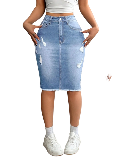 Women's Slim-Fit Ripped Denim Skirt