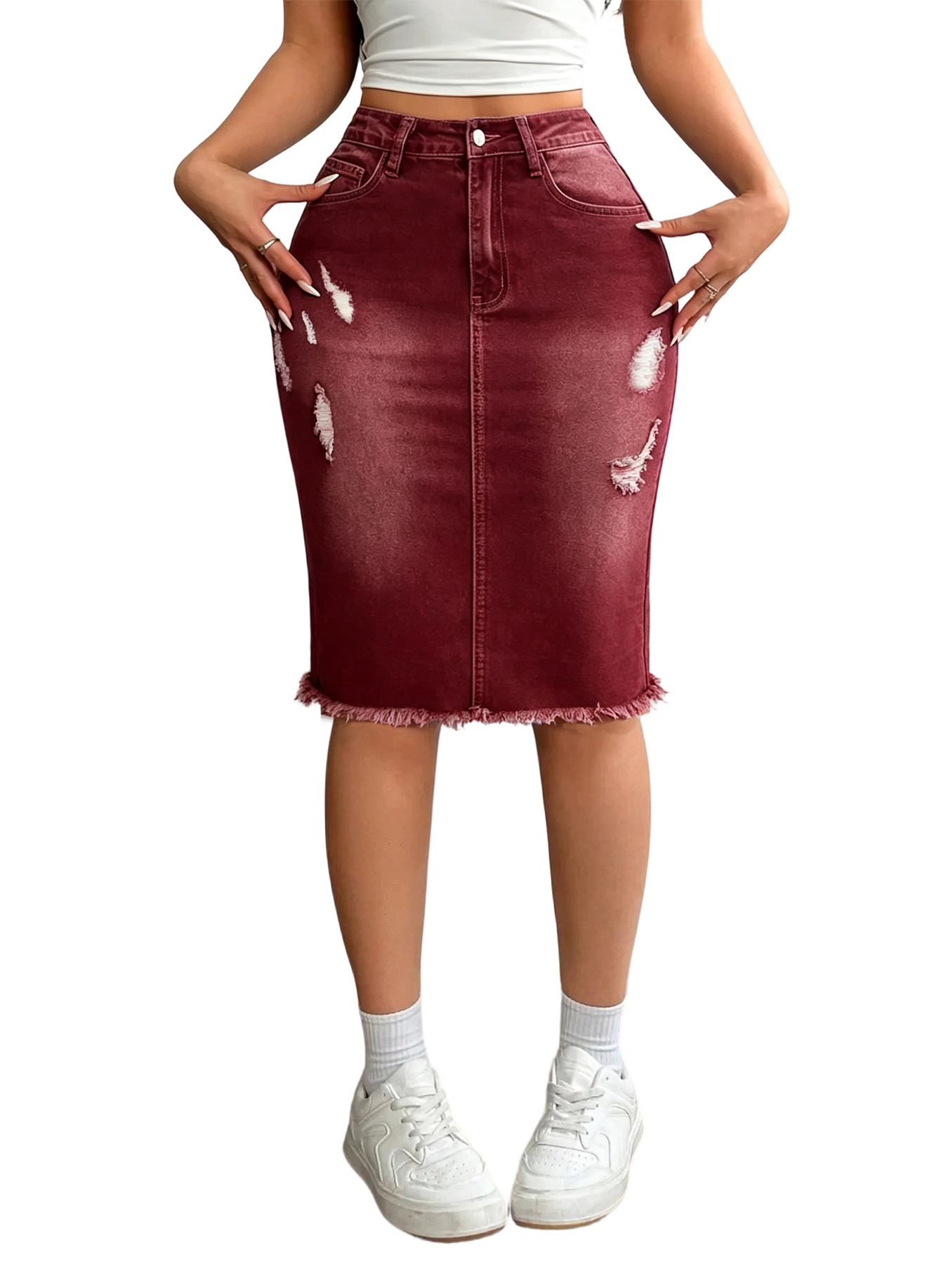 Women's Slim-Fit Ripped Denim Skirt