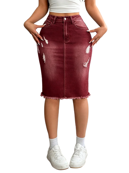 Women's Slim-Fit Ripped Denim Skirt