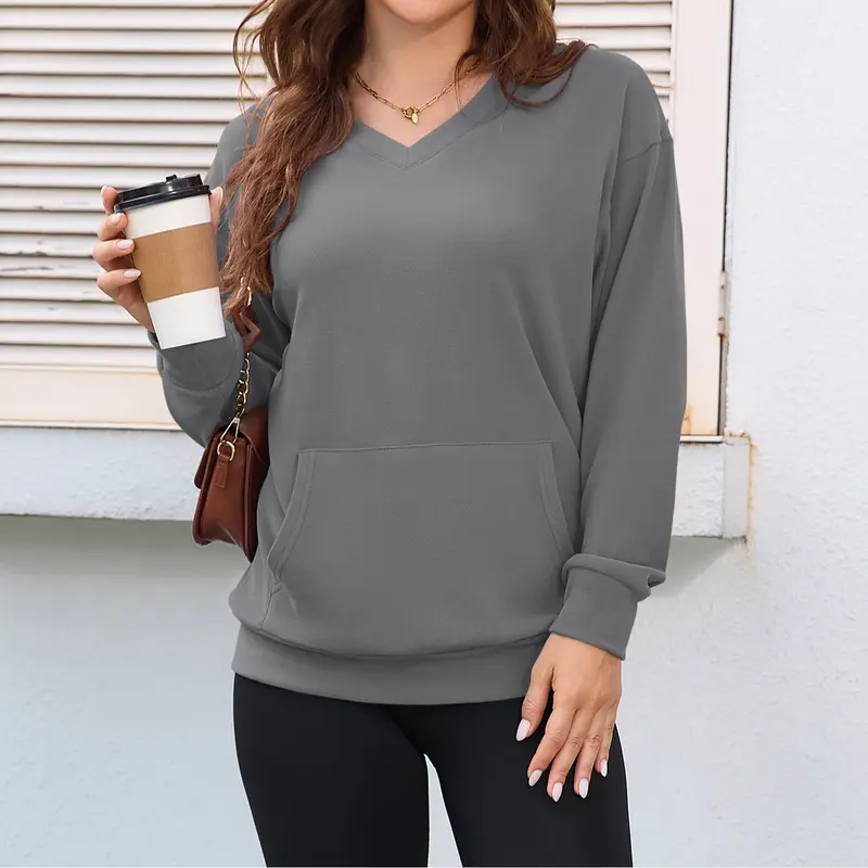 Women's Hoodless V-neck Sweatshirt With Kangaroo Pocket
