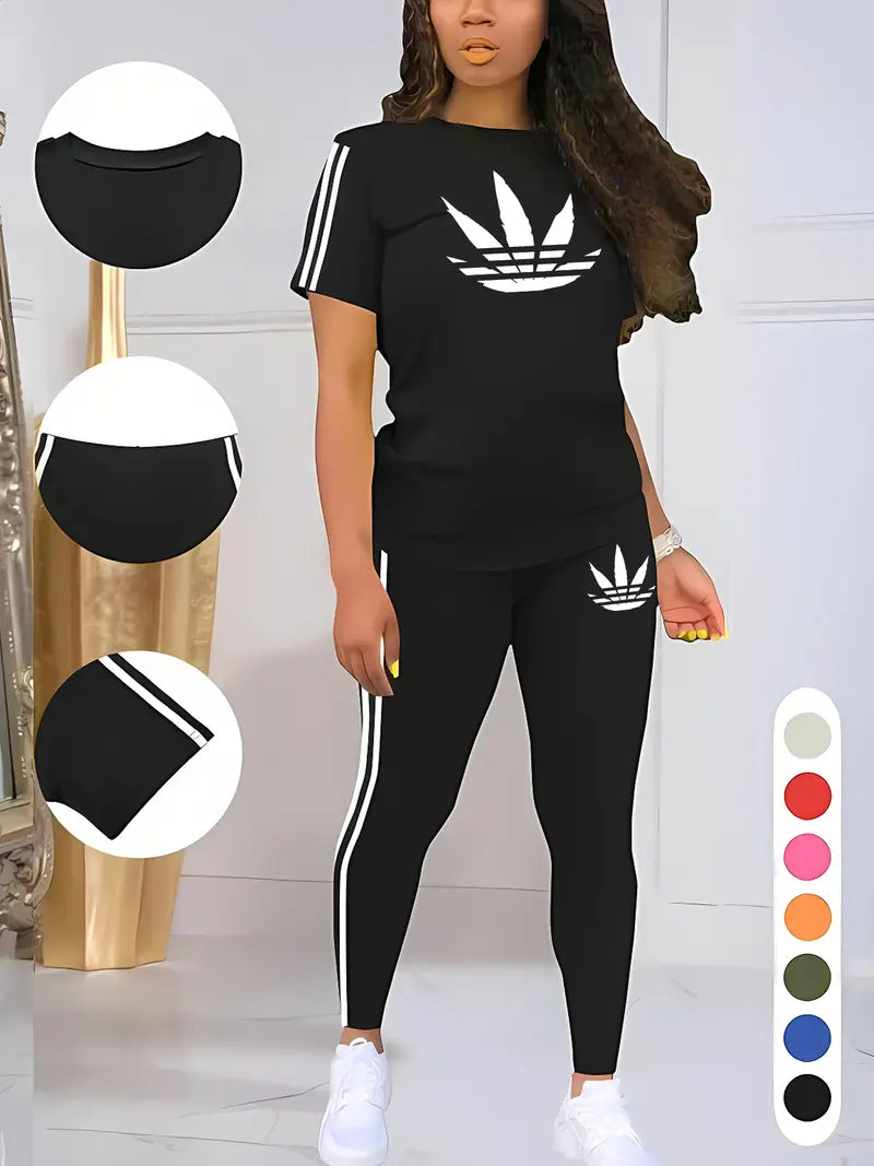 Women's Drawstring Short Sleeve and Long Pants Two-Piece Set