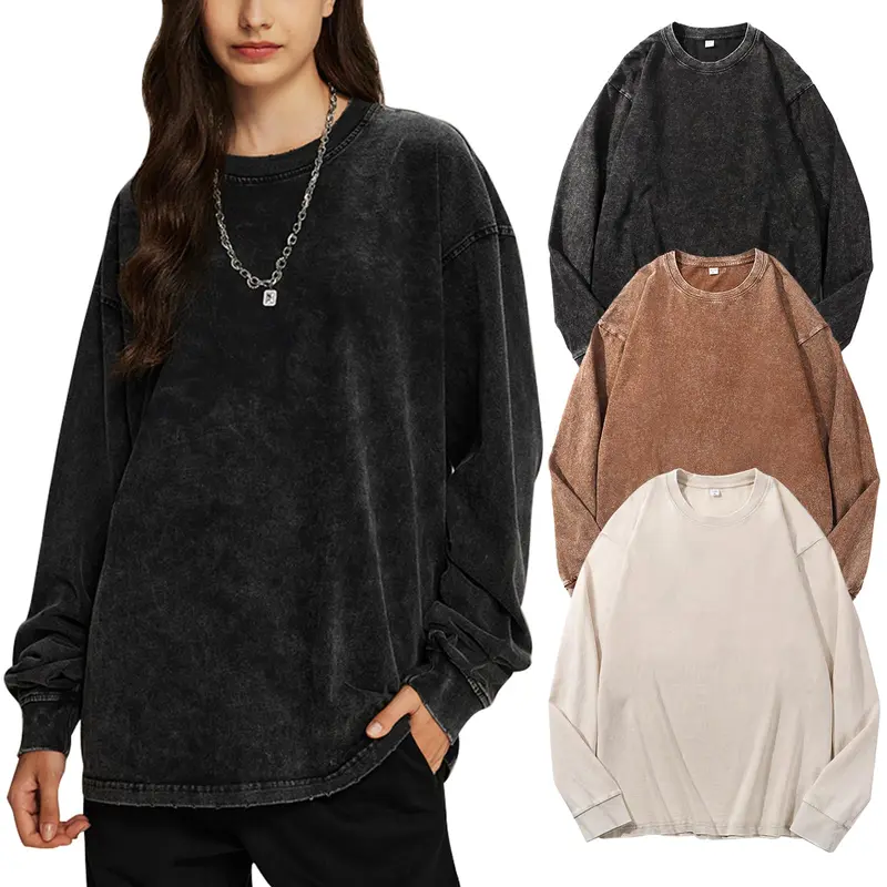 Women's Vintage Acid Wash Cotton Long Sleeve Tee
