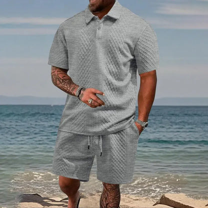 Men's Solid Polo Shirt & Drawstring Waist Shorts Set