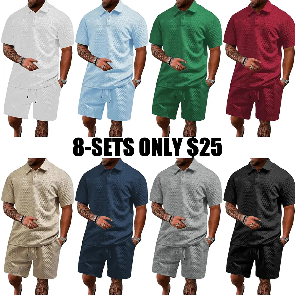Men's Solid Polo Shirt & Drawstring Waist Shorts Set