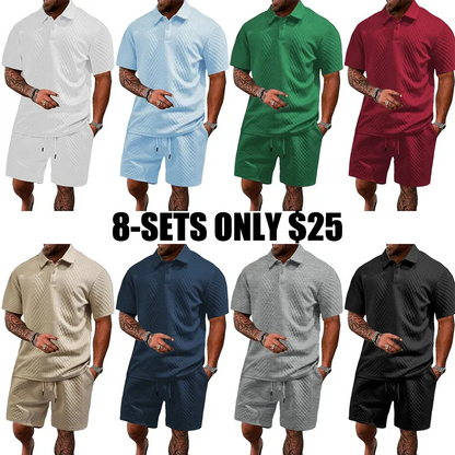 Men's Solid Polo Shirt & Drawstring Waist Shorts Set