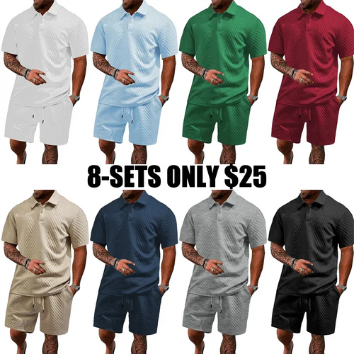 Men's Solid Polo Shirt & Drawstring Waist Shorts Set