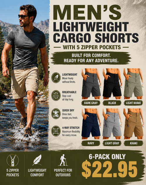 Men's Lightweight Cargo Shorts with 5 Zipper Pockets