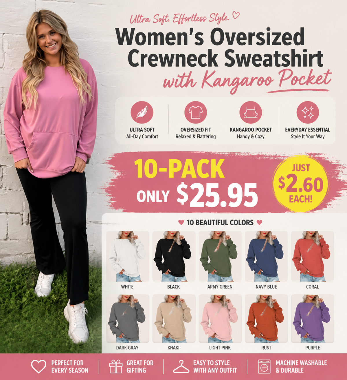 Women's Oversized Crewneck Sweatshirt with Kangaroo Pocket