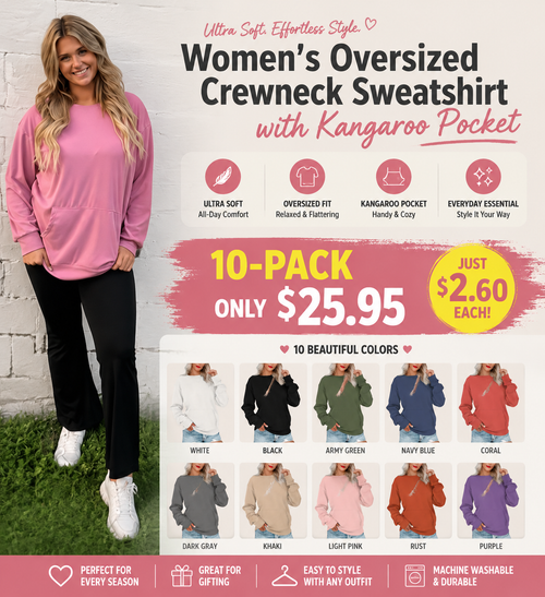 Women's Oversized Crewneck Sweatshirt with Kangaroo Pocket