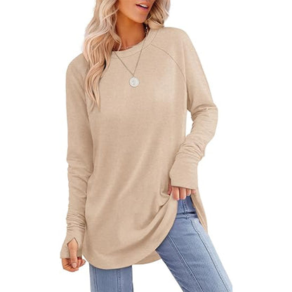 Women's Curved Hem Tunic Top with Thumb Holes