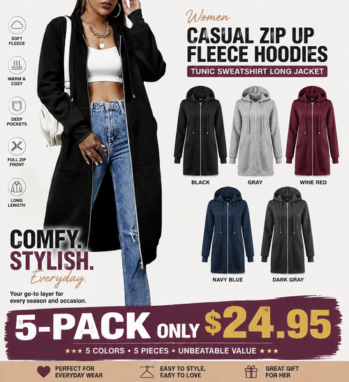 Women Casual Zip up Fleece Hoodies Tunic Sweatshirt Long Jacket