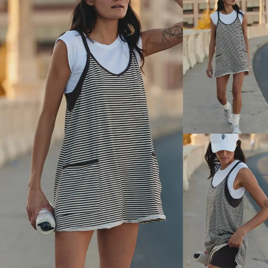 Women's Summer Athletic Mini Dress with Built-in Shorts – Sleeveless V-Neck Striped Casual Dress for Gym, Beach & Everyday Wear