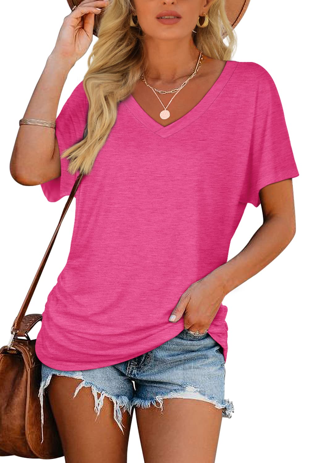 Womens Short Sleeve V Neck Dolman Tops with Side Shirring Loose Fit Shirts
