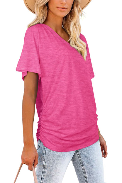 Womens Short Sleeve V Neck Dolman Tops with Side Shirring Loose Fit Shirts