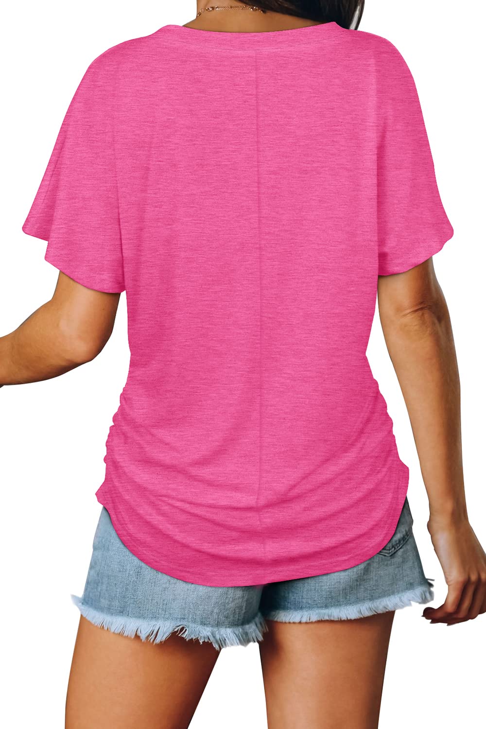 Womens Short Sleeve V Neck Dolman Tops with Side Shirring Loose Fit Shirts