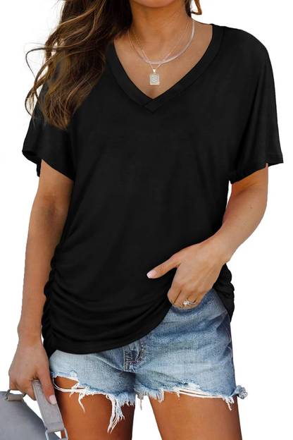 Womens Short Sleeve V Neck Dolman Tops with Side Shirring Loose Fit Shirts