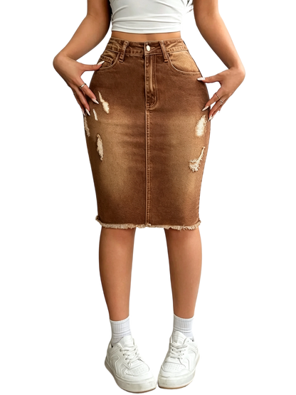 Women's Slim-Fit Ripped Denim Skirt