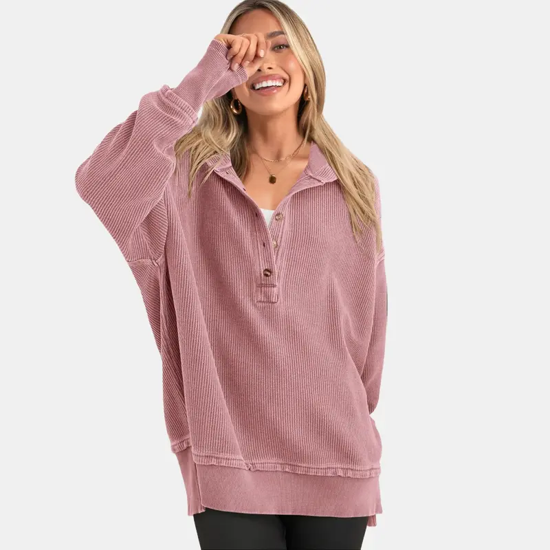 Women's Oversized V-Neck Button Sweatshirt
