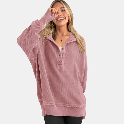 Women's Oversized V-Neck Button Sweatshirt