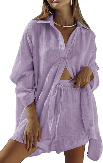 Women 2 Piece Outfits Long Sleeve Button Down Blouse and Shorts Sweatsuit Sets