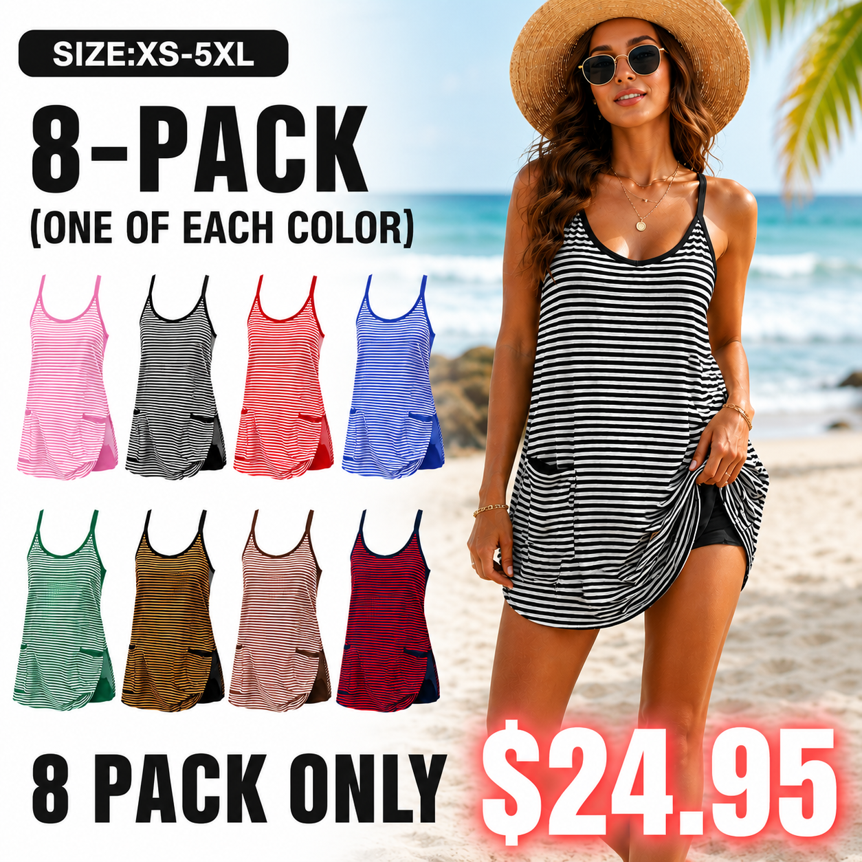Women's Summer Athletic Mini Dress with Built-in Shorts – Sleeveless V-Neck Striped Casual Dress for Gym, Beach & Everyday Wear
